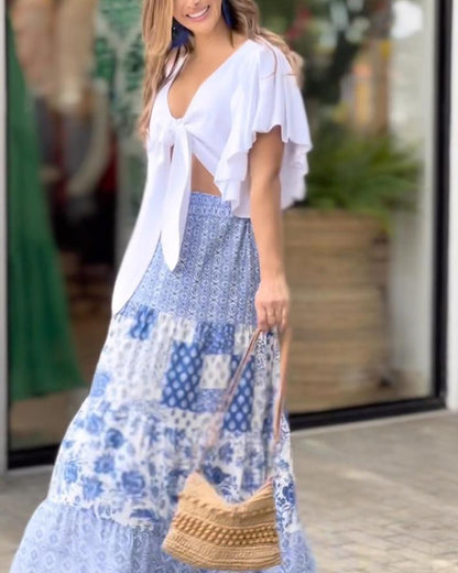 Lace-Up Top Folk-Print Long Dress Set