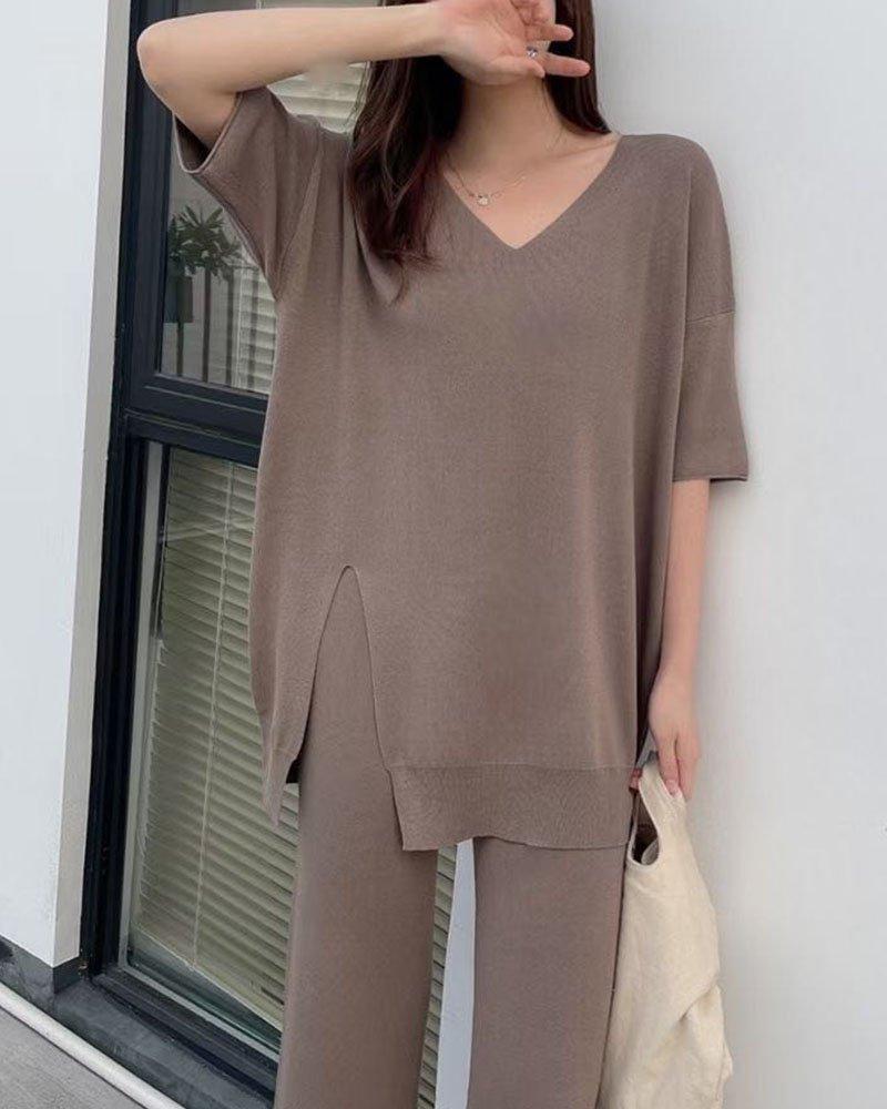 Loose V-Neck Casual Knit Two-Piece Set