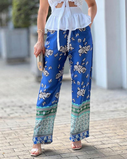 Sleeveless Cutout Top Print Pants Two-Piece Set