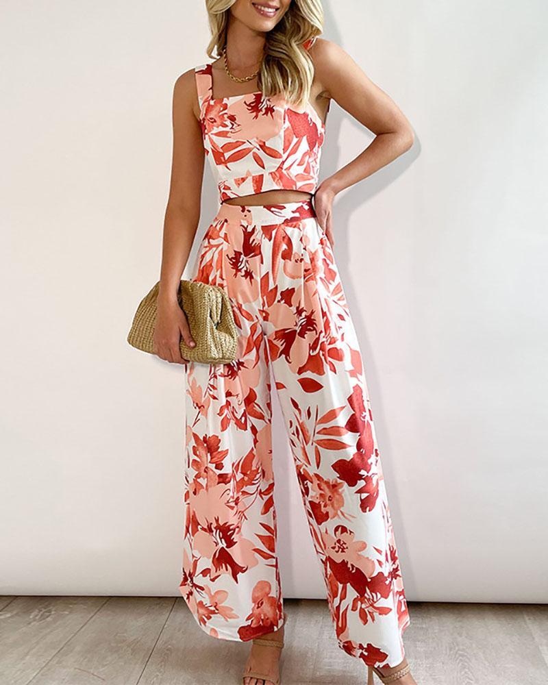 Printed Vest + High Waist Wide Leg Pants Casual Suit