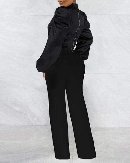 Turtleneck Puff Sleeve Top + Pain Relief Pants Set