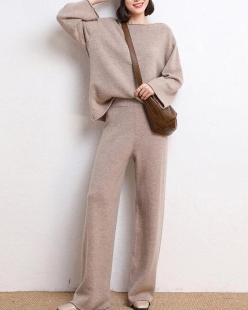 Ladies high waist wide leg pants solid color knitted suit