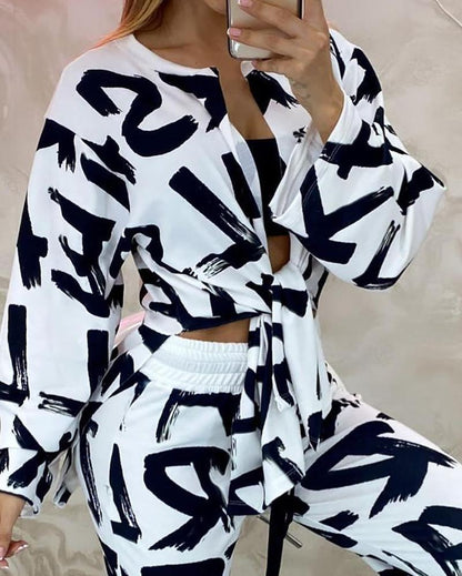 Letter print long-sleeve shirt & trousers two-piece set