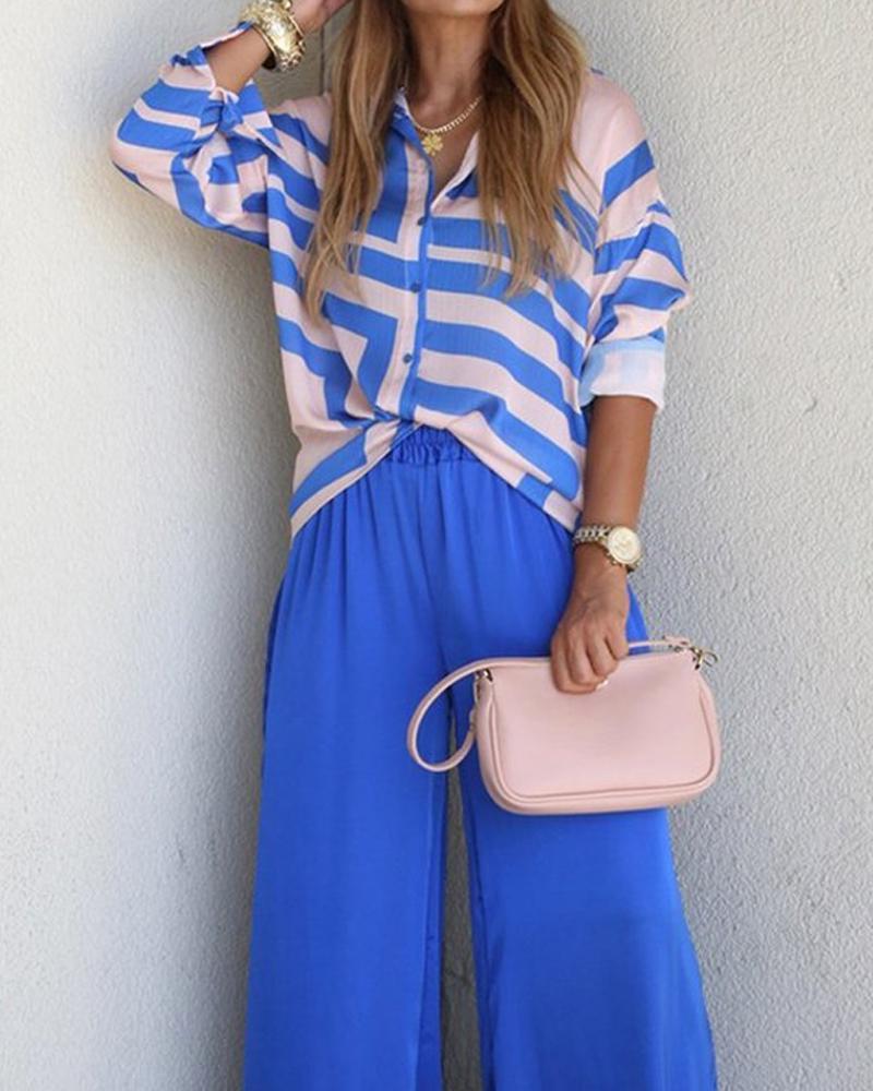 Striped Shirt Top Solid Color Pants Set