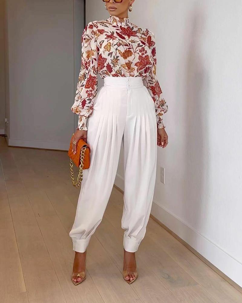 Casual Print Turtleneck & Pants Two-Piece Set