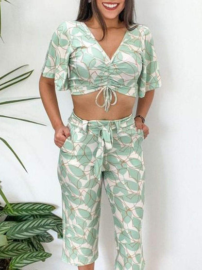 Printed Lace Up Top Cropped Pants Set