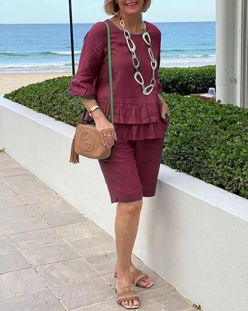 Casual Loose Crew Neck Lace Solid Color Top Shorts Suit