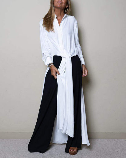 Solid Color Side Split Long Shirt Straight Trousers Set