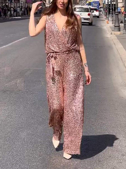 V-Neck Sleeveless Sequin Jumpsuit