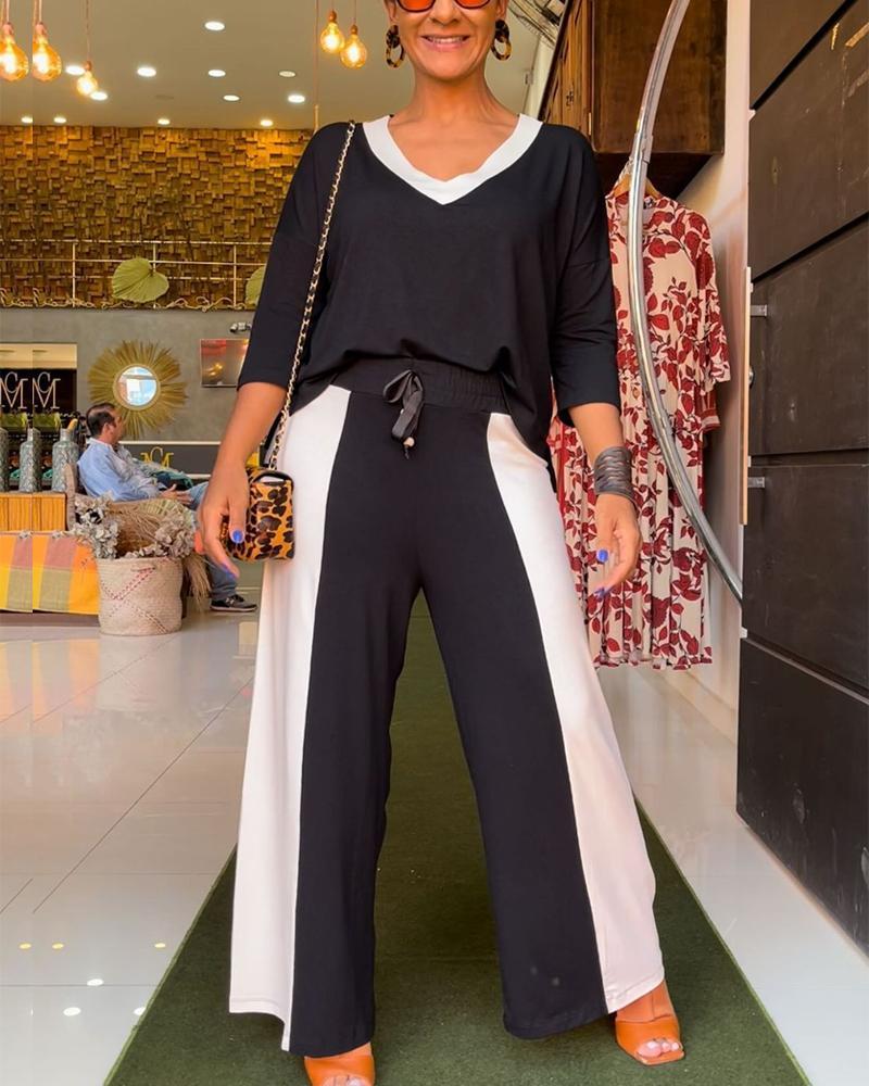 V-Neck Contrast Color Long Sleeve Top Trousers Set