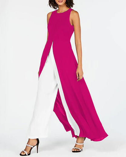 Colorblock Two Piece of Sleeveless Slit Dress & Pants