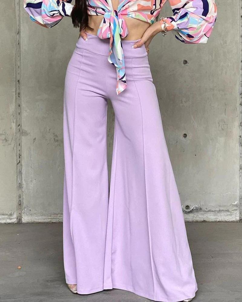 Lapel Puff Sleeve Print Cropped Shirt & High Waist Wide Leg Pants Set