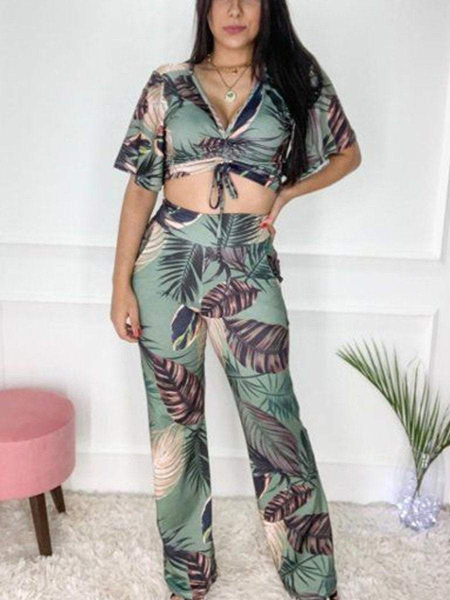 Holiday Casual Style Printed T-shirt Pants Set