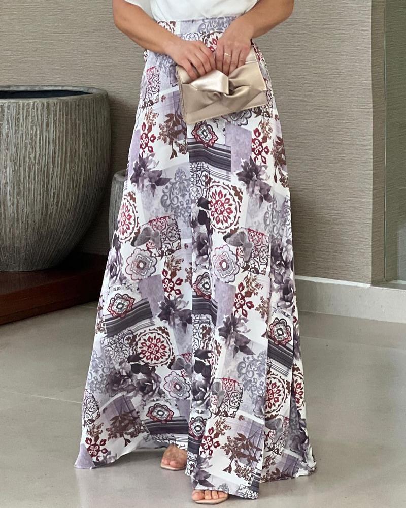 One-Shoulder Lace-Sleeve Top Printed Long Dress Set