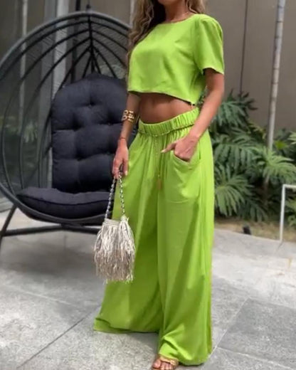 Short-sleeved Solid Color T-shirt Wide-leg Pants Suit