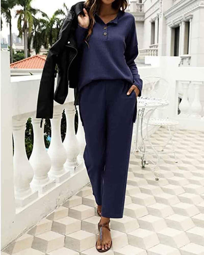 Long-sleeved button-up top & pants set