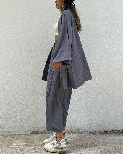 Cotton Linen Loose Long Sleeve Cardigan Pants Set