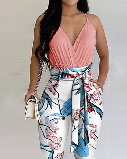 Printed V-neck Design Suspender Jumpsuit