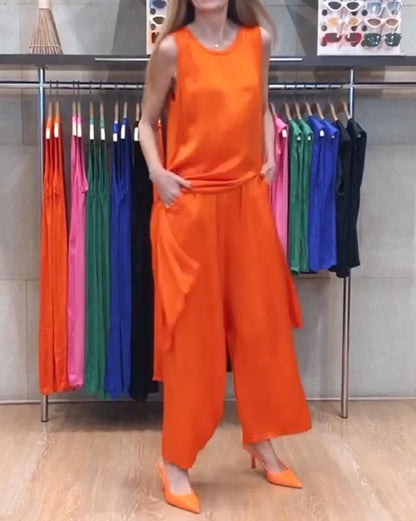 Solid Color Two-Piece Set of Sleeveless Slit Top & Pants