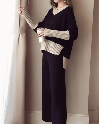 Elegant Casual Colorblock Knit Two Piece Set