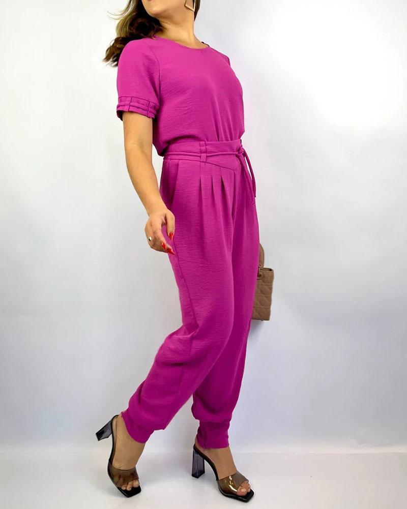 Solid Color Round Neck Short Sleeve T-Shirt High Waist Drawstring Pants Set