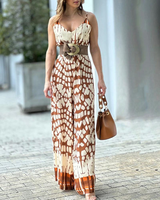 Long Casual Jumpsuit With Special-shaped Wave-printed Suspenders