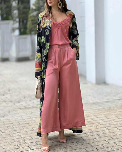 Solid color two-piece suit of V-neck camisole + trousers