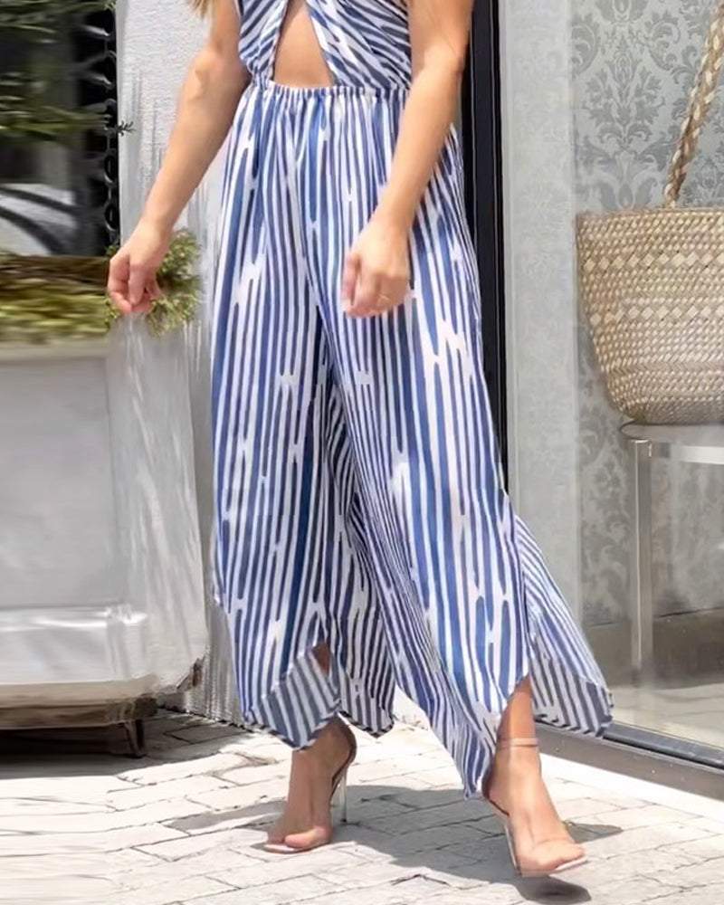 Casual Halterneck Slingback Striped Jumpsuit