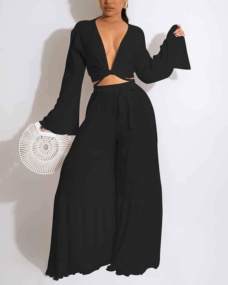 Flared Sleeve Lace-Up & Wide Leg Pants Set