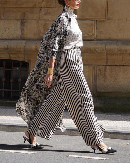 Stylish Two Piece in Printed Cardigan & Striped Trousers