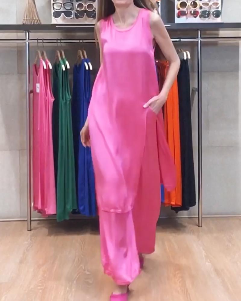 Solid Color Two-Piece Set of Sleeveless Slit Top & Pants