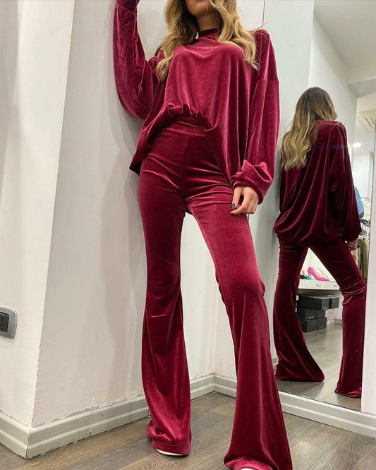 Solid color velvet two-piece suit