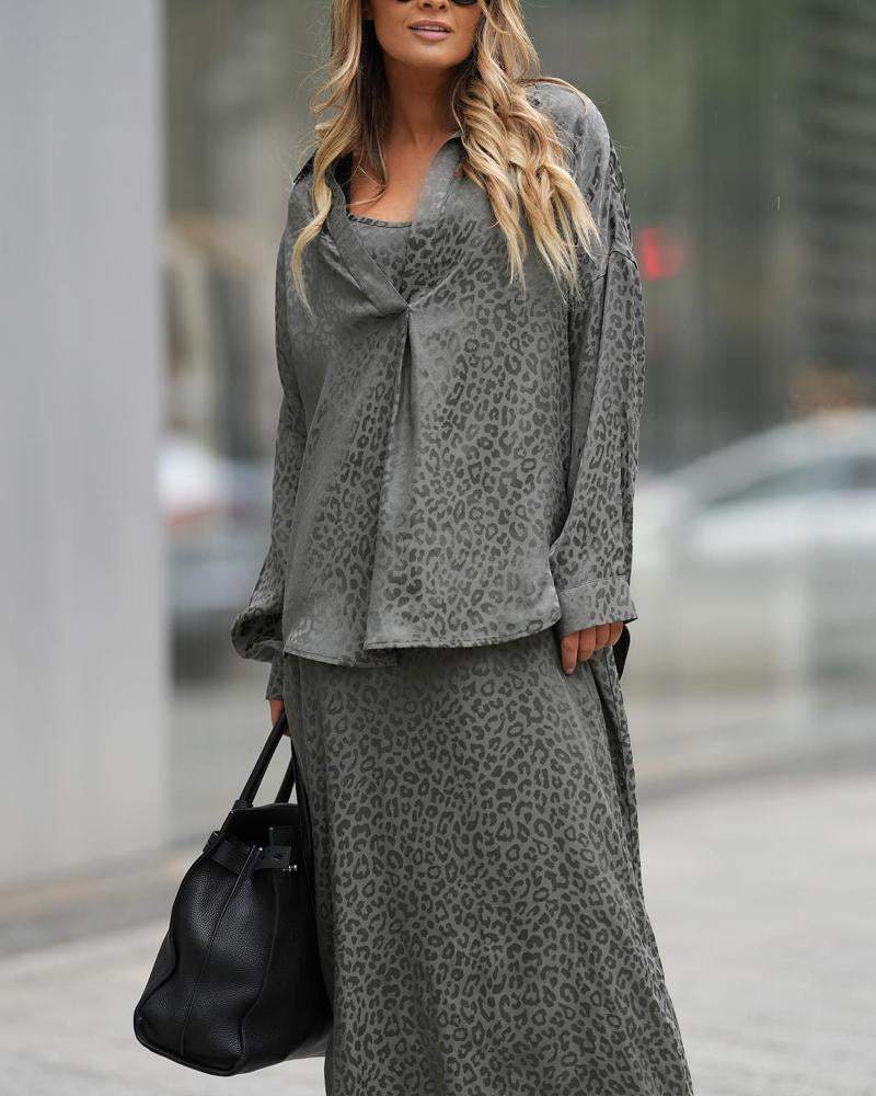 Fashion Leopard Print Shirt Dress Casual Suit