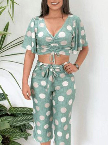 Polka Dot Print Lace Up Top Cropped Pants Set