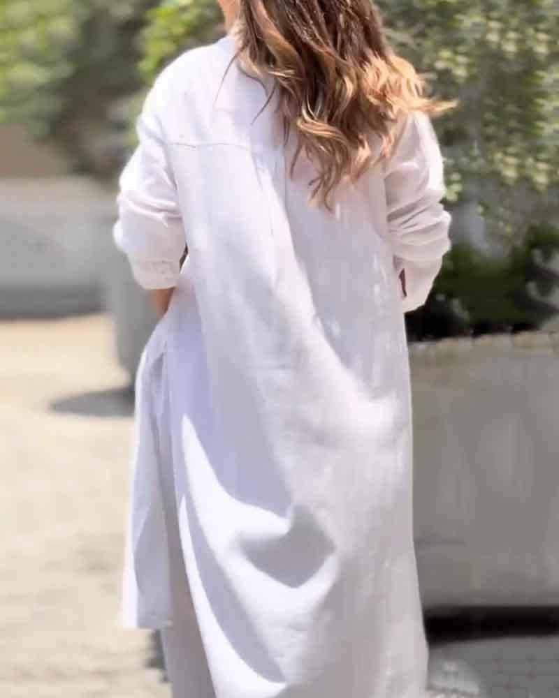 Casual Lapel Long Sleeve Long Shirt & Pants Two Piece Set