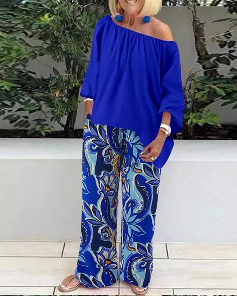 Top&floral print wide leg pants two-piece set