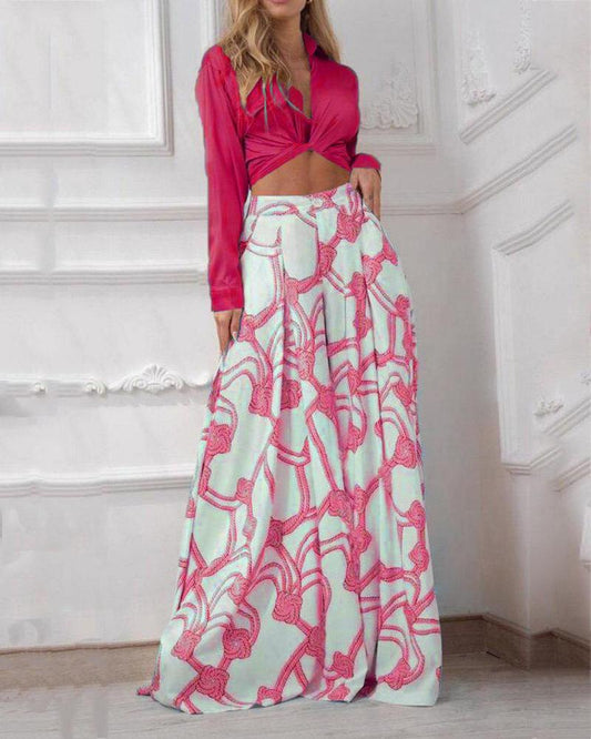 Satin Long-Sleeve Top & Casual Printed Wide-Leg Pants Two-Piece Set