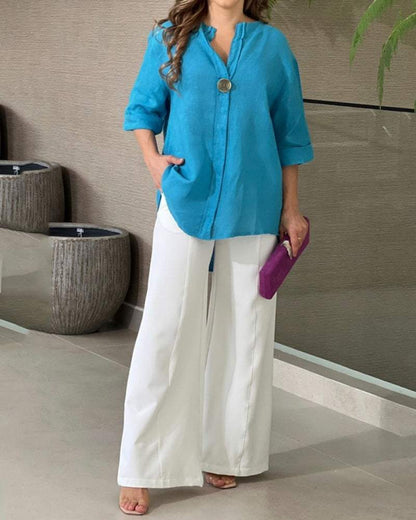 Casual Solid Color Shirt & Pants Two Piece Set