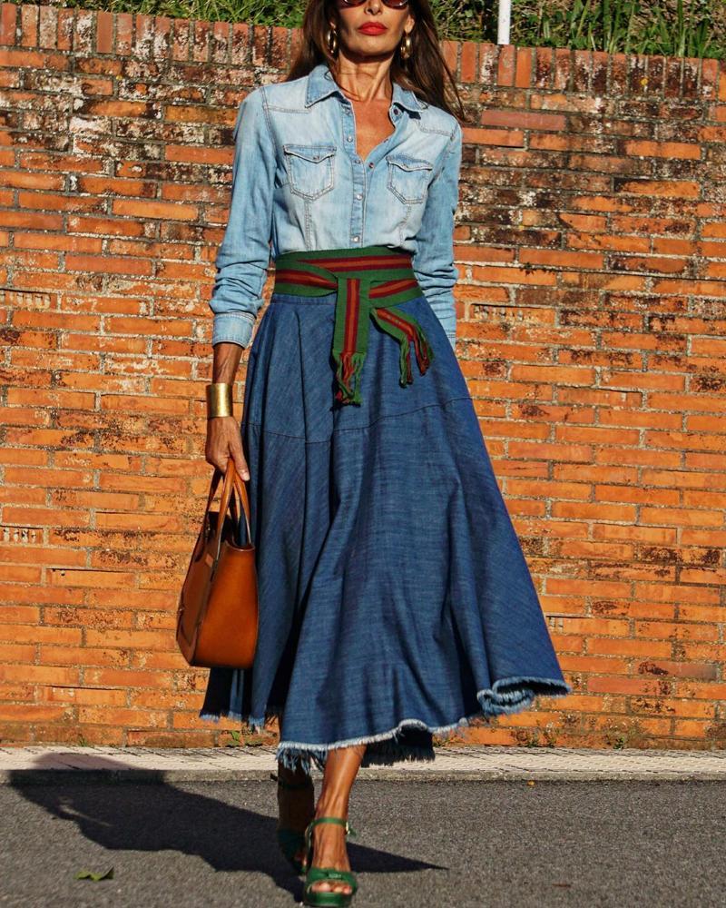 Denim Shirt Top Long Dress Set