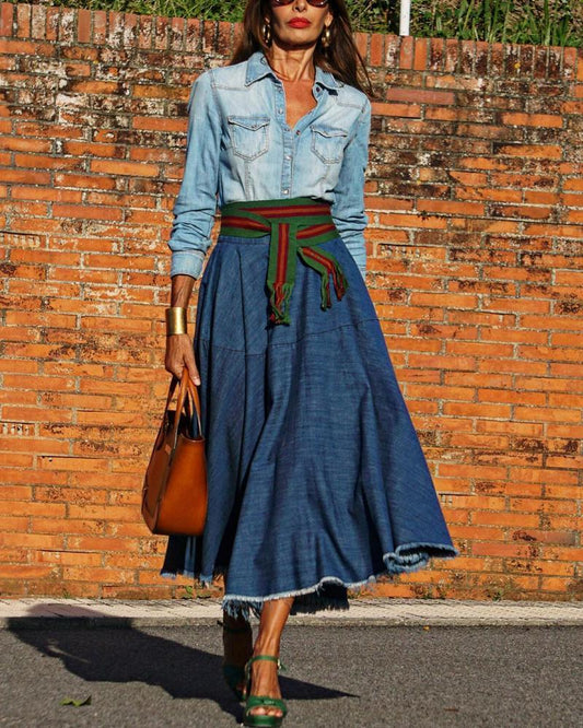 Denim Shirt Top Long Dress Set