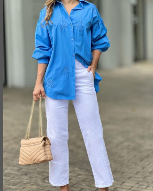 Blue Shirt Solid Color Pants Set