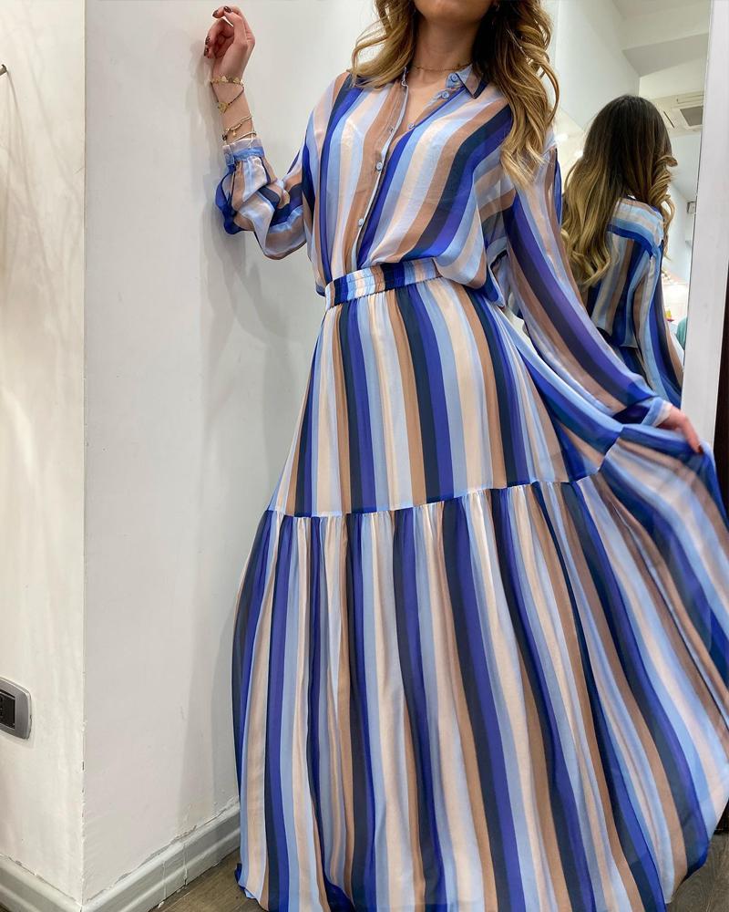 Fashion Striped Shirt Patchwork Long Dress Casual Suit