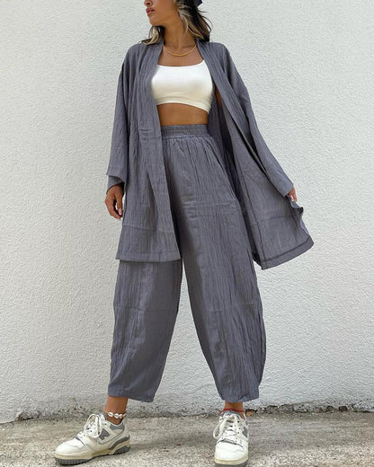 Cotton Linen Loose Long Sleeve Cardigan Pants Set