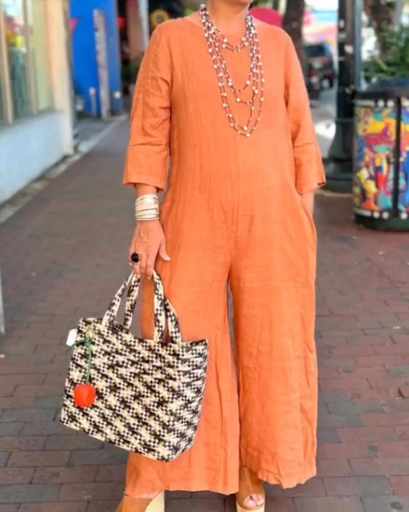 Crewneck Cotton And Hemp Solid Color Loose Jumpsuit