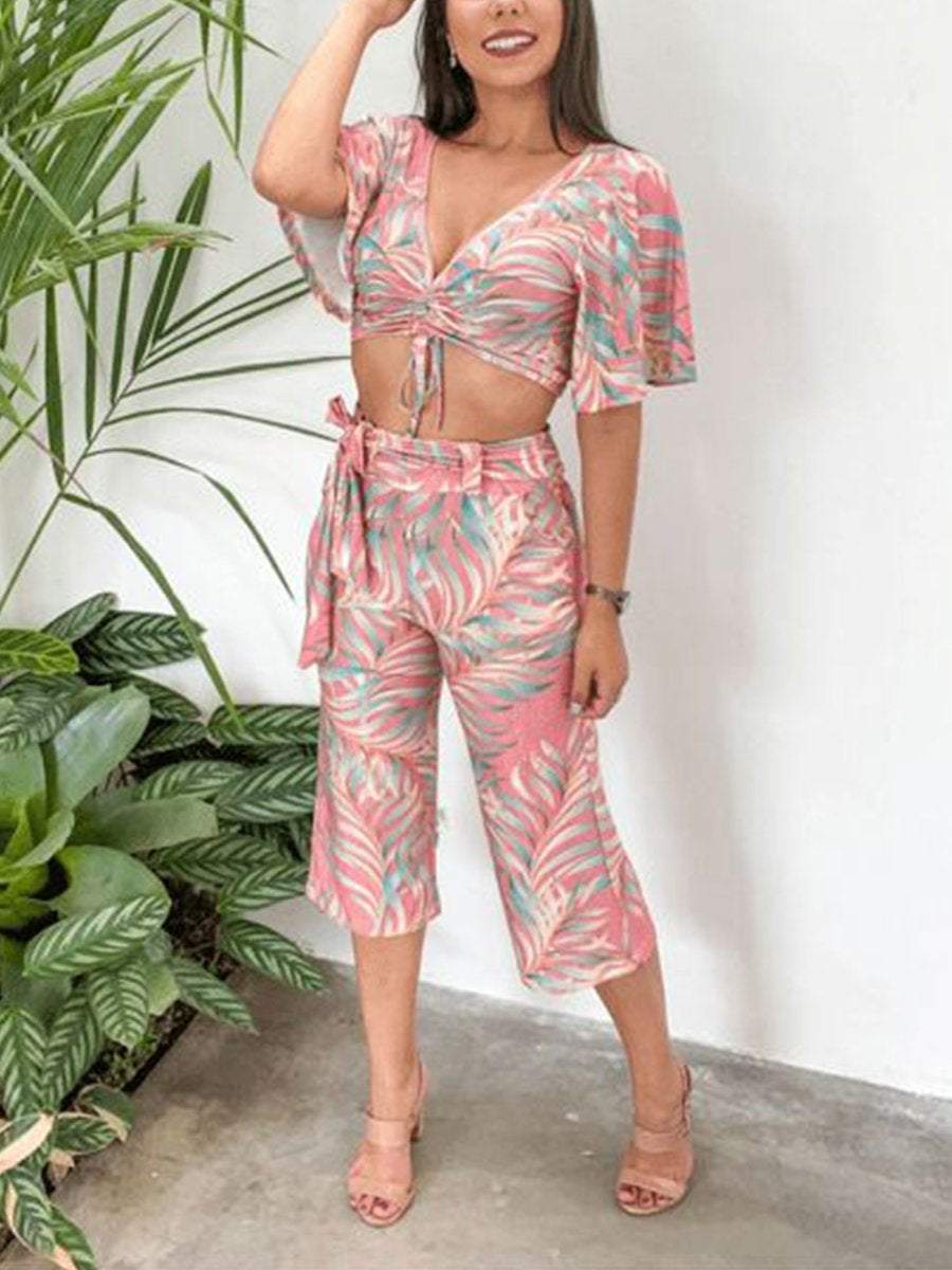 Lace Up Top Cropped Pants Print Suit