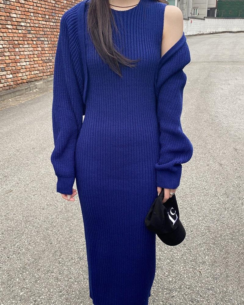 Temperament Round Neck Knitted Dress Two-Piece Set