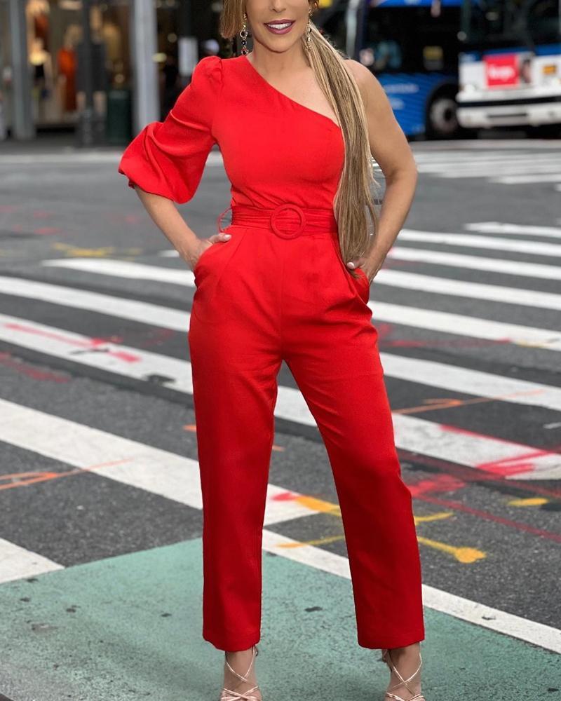 Solid Color Diagonal Shoulder Belt Jumpsuit