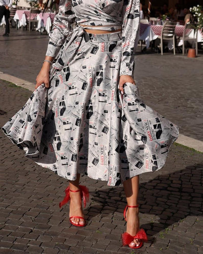 Poster Print Long Sleeve Shirt Dress Set