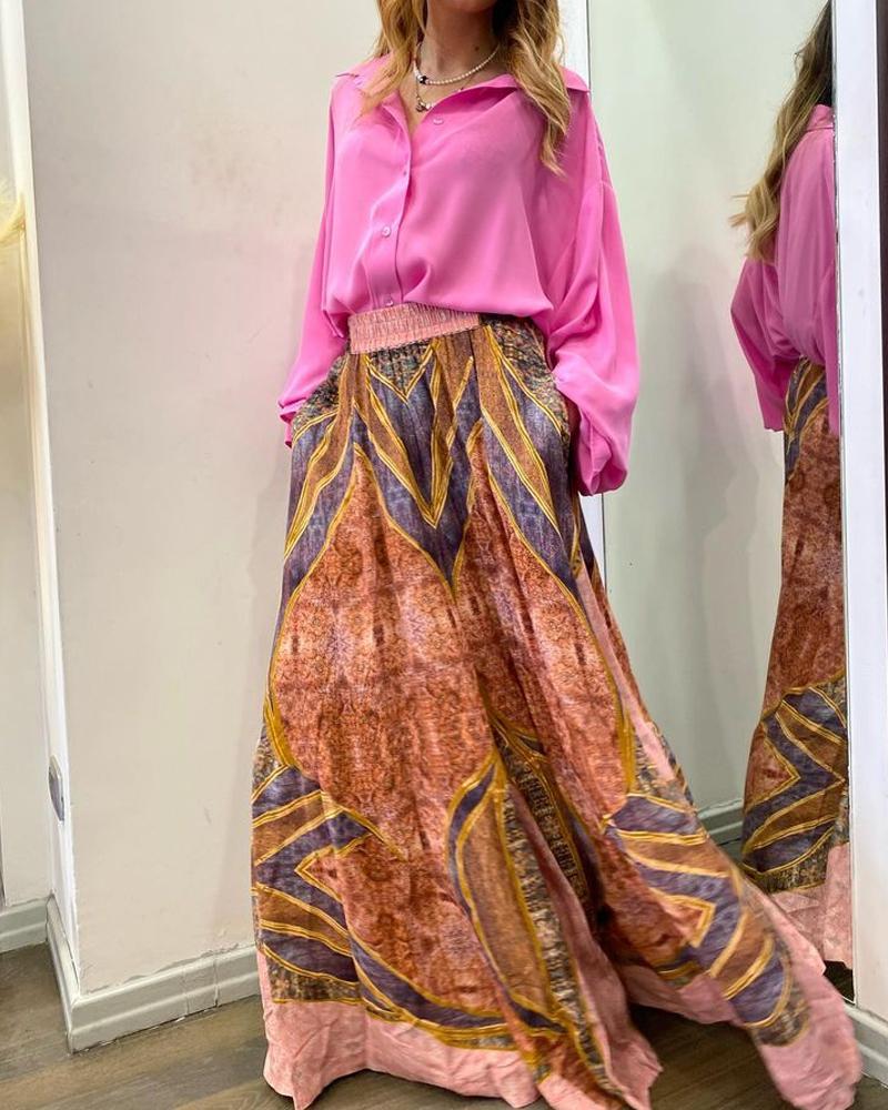 Solid Color Shirt Printed Dress Set