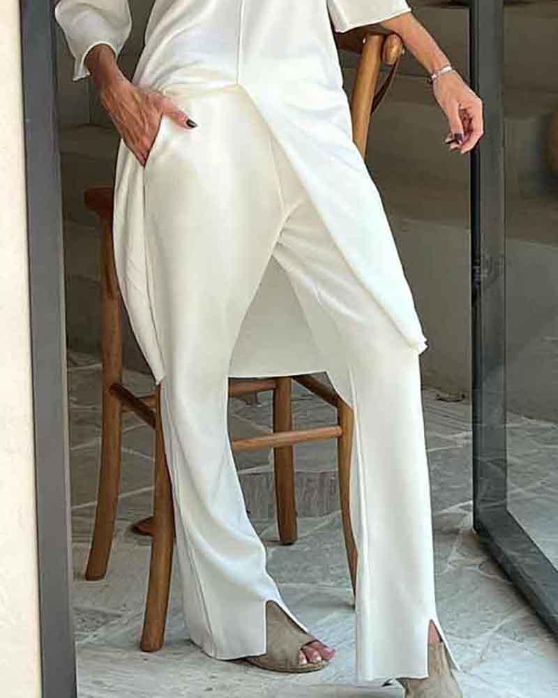 Solid Color Two Piece Suit of V-Neck Slit Top & Pants